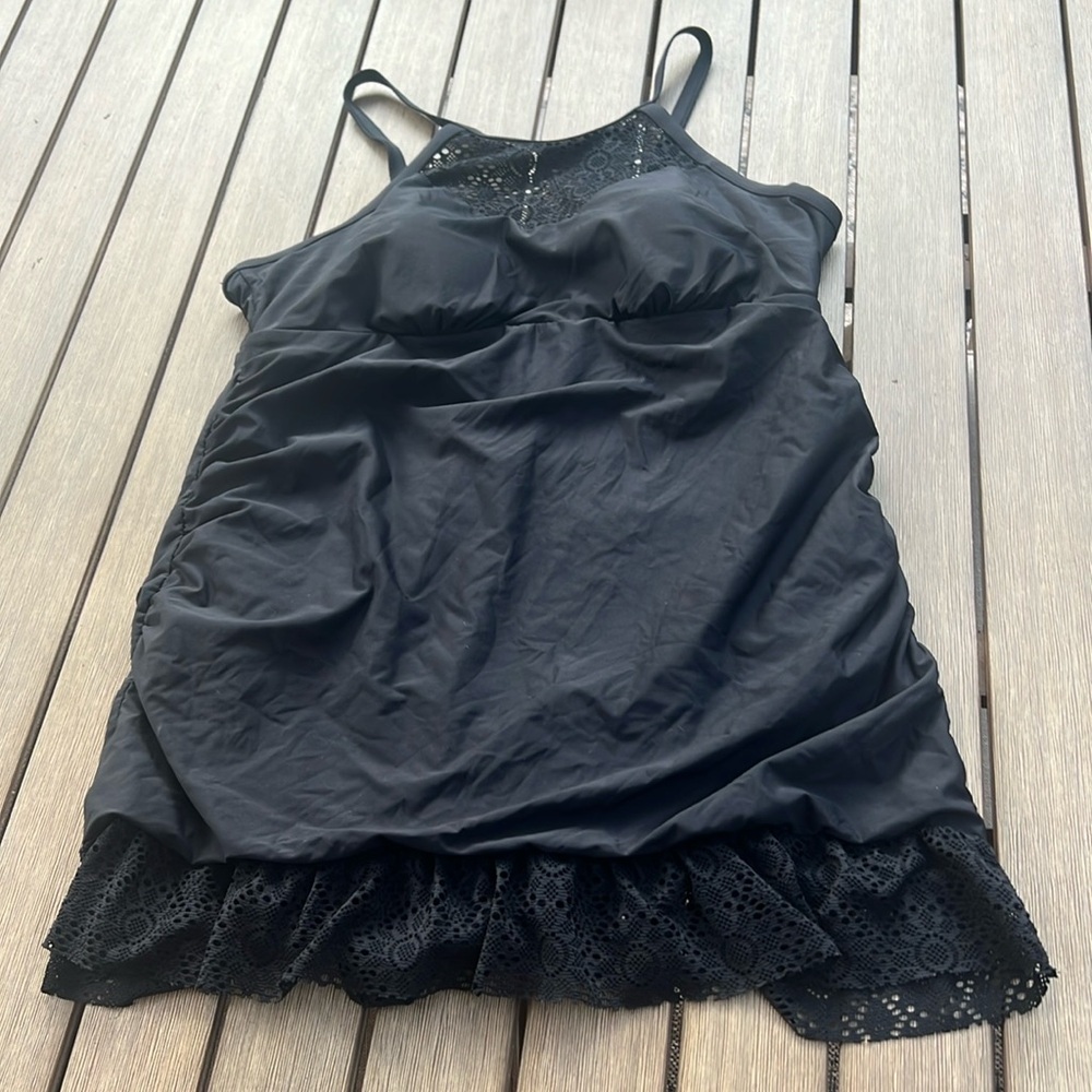 Apt. 9 Black One Piece Swimdress Swimsuit 2X Ruched Lace Trim Plus Size